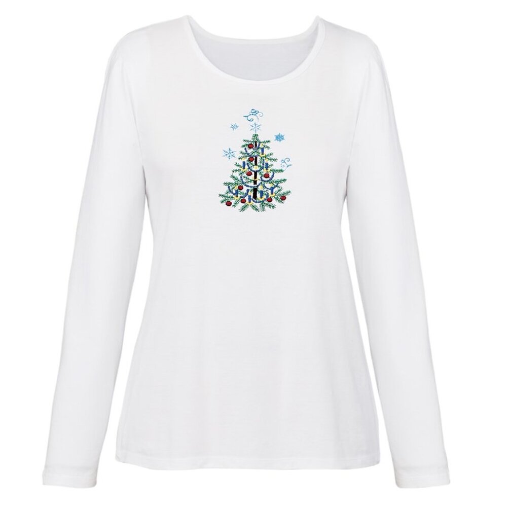 New 2XL White Embroidered Holiday Christmas Tree Long Sleeves Knit Top